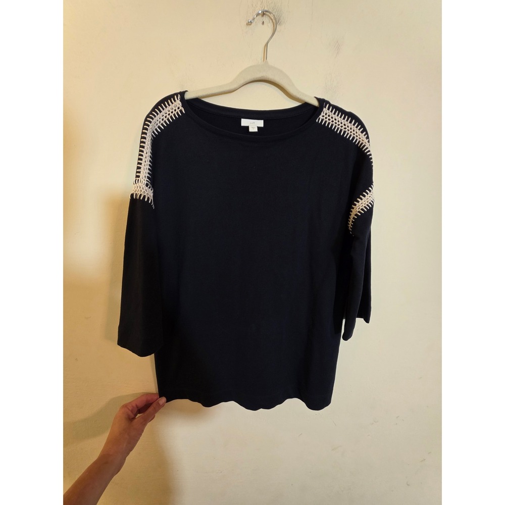 J. Jill Navy Blue Cotton Whipstitch Shoulder Detail 3/4 Sleeve Top Small
